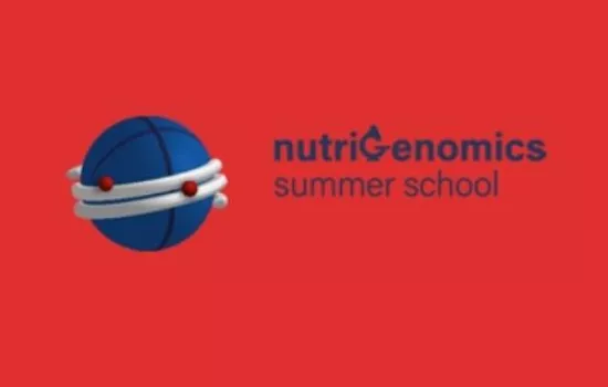 logo Nutrigenomics summer school con pianeta blu con anelli bianchi e punti rossi